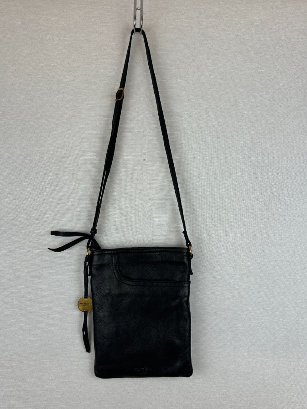 MARGOT NEW YORK 100% GENUINE LEATHER CROSSBODY SPLIT POCKET BAG IN BLACK - Picture 2 of 11